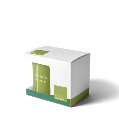 Werbetasse in einer Faltschachtel
