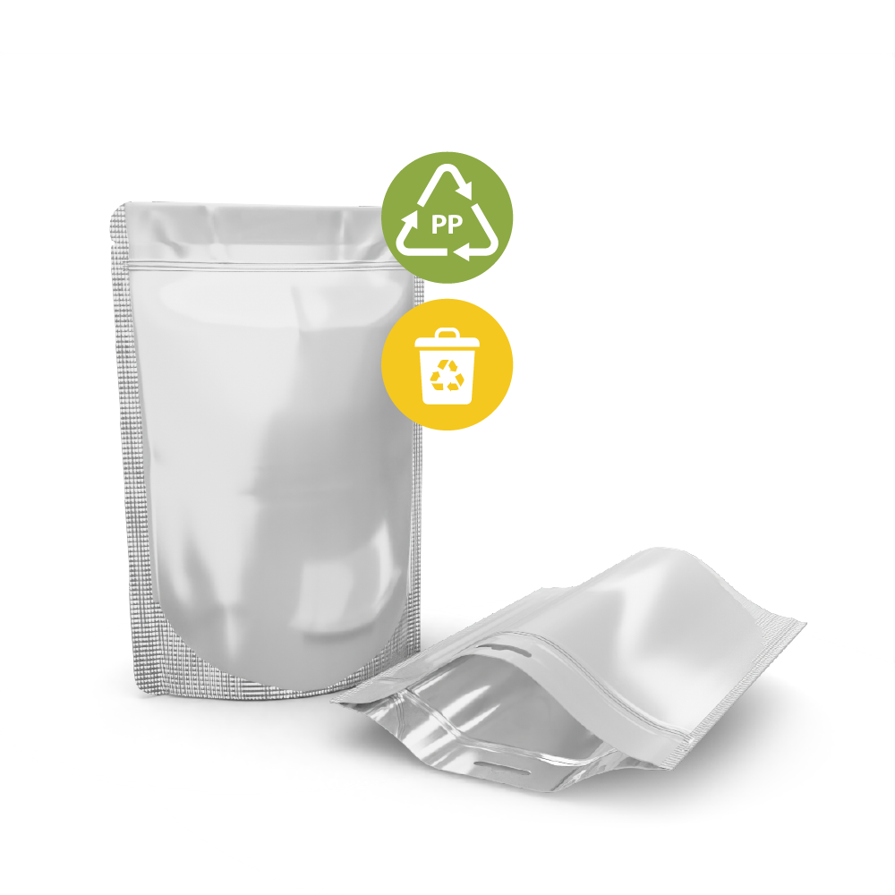 Standbodenbeutel PP Monomaterial metallic recycelbar