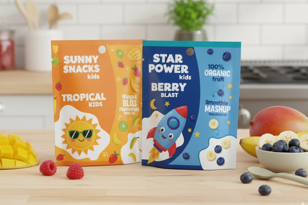 zwei Bedruckte Standbodenbeutel für Kindermüsli