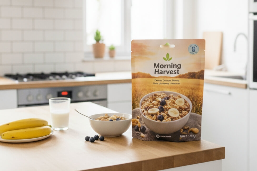 Bedruckter Standbodenbeutel für Müsli auf einer Küchentheke